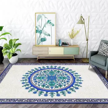 Индийская Мандала Круглый цветок Сине-белый, в этническом стиле, Нескользящий, для гостиной, спальни, Прикроватный ковер, Коврик для пола