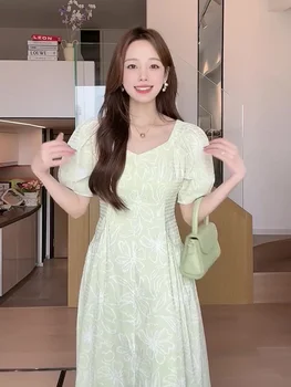 Летний Корейский стиль, шикарный темперамент, нежная приталенная посадка, тонкое и свежее Зеленое платье с рукавами-пузырями для женщин