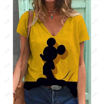 Модная женская футболка с принтом Диснея, Минни и Микки Мауса, повседневная футболка с V-образным вырезом, летняя женская одежда для отдыха, свободная женская одежда большого размера