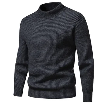 Мужской трикотаж с полувысоким вырезом 2023, осенне-зимний Простой Модный пуловер, Однотонный повседневный свитер с крупной подкладкой