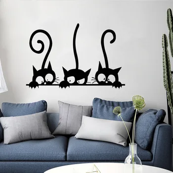 Наклейка на стену с тремя забавными кошками, Домашний декор, Детская комната, Фоновое украшение для гостиной, Настенные художественные наклейки с милыми животными, наклейки на стену