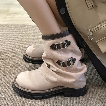 Новые ботинки Челси на платформе 2023, Зимние женские ботильоны на плоской подошве, повседневная обувь в готическом стиле, модные мотоциклетные ботинки-гладиаторы на молнии, зимние ботинки-ботфорты