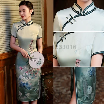 Плюс размер 4Xl Женское традиционное китайское платье Ципао средней длины в литературном ретро национальном стиле средней длины с принтом Чонсам и воротником-стойкой