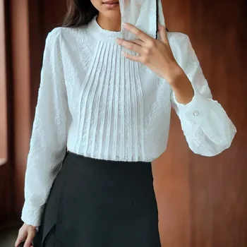 Повседневная Белая кружевная блузка с длинным рукавом и воротником-стойкой, женская Корейская модная элегантная рубашка-пуловер, Женские свободные топы с вышивкой 29789