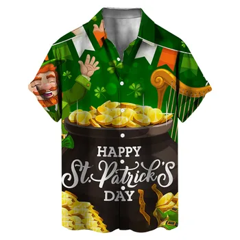 Рубашки на День Святого Патрика, Ирландская рубашка с клевером на Национальный день, Топы с коротким рукавом и отворотом, Блузки, Мужская Зеленая сорочка на Ирландский фестиваль 