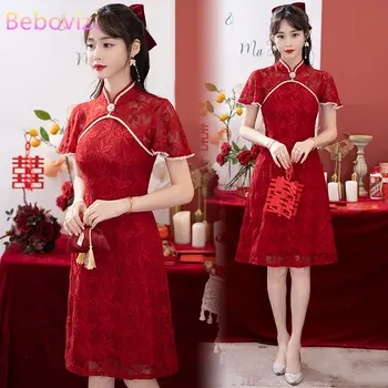 Свадебное Банкет Для Новобрачных Cheongsam Китайское Традиционное Красное Кружевное Платье Ципао С Коротким Рукавом для Женской Одежды