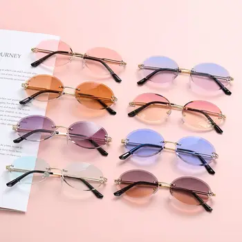 Солнцезащитные очки для Женщин с Защитой UV400 Безрамные Оттенки Без Оправы Овальные Солнцезащитные Очки С Линзами Алмазной Огранки Винтажные Солнцезащитные Очки